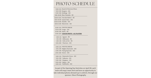 Photography Schedule - Opening Day 2024